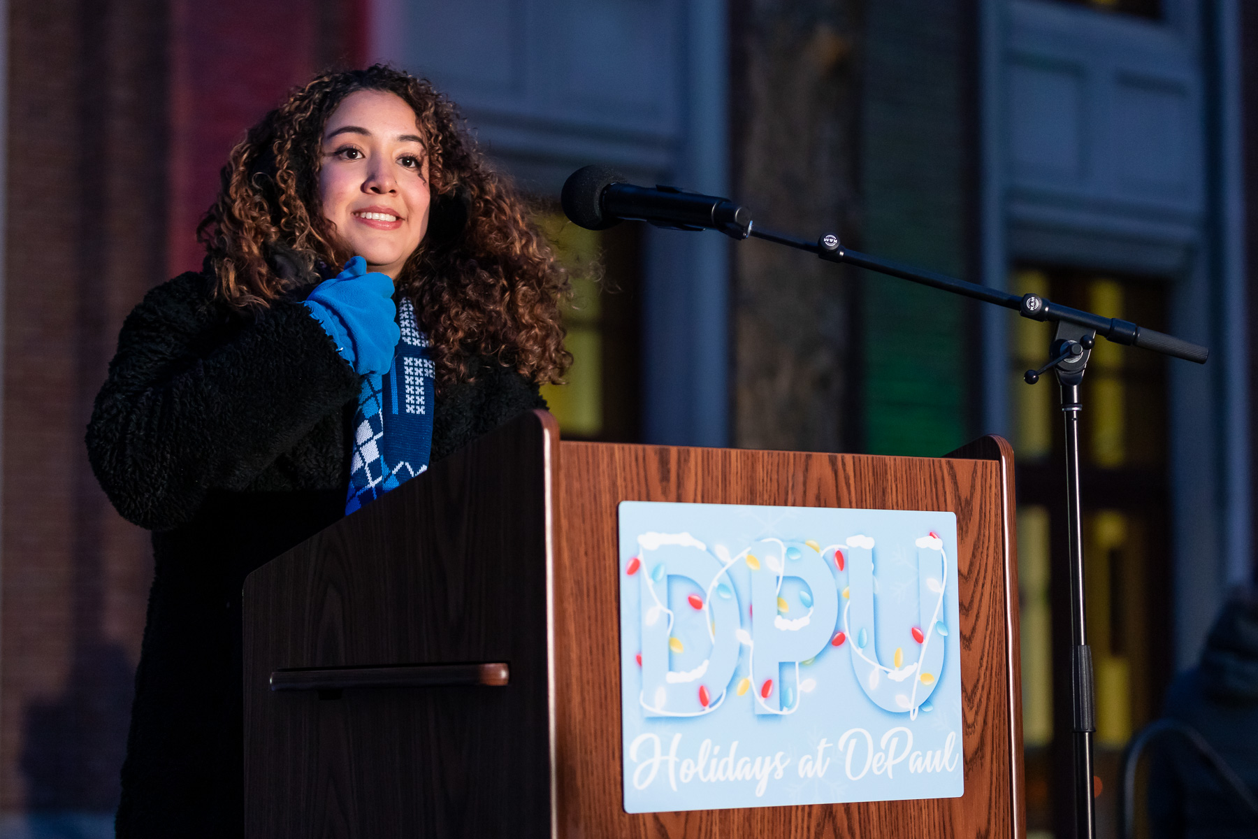 Gisselle Cervantes, president of Student Government Association, spoke about the importance of traditions and the Vincentian Mission during the ceremony. (DePaul University/Jeff Carrion)
